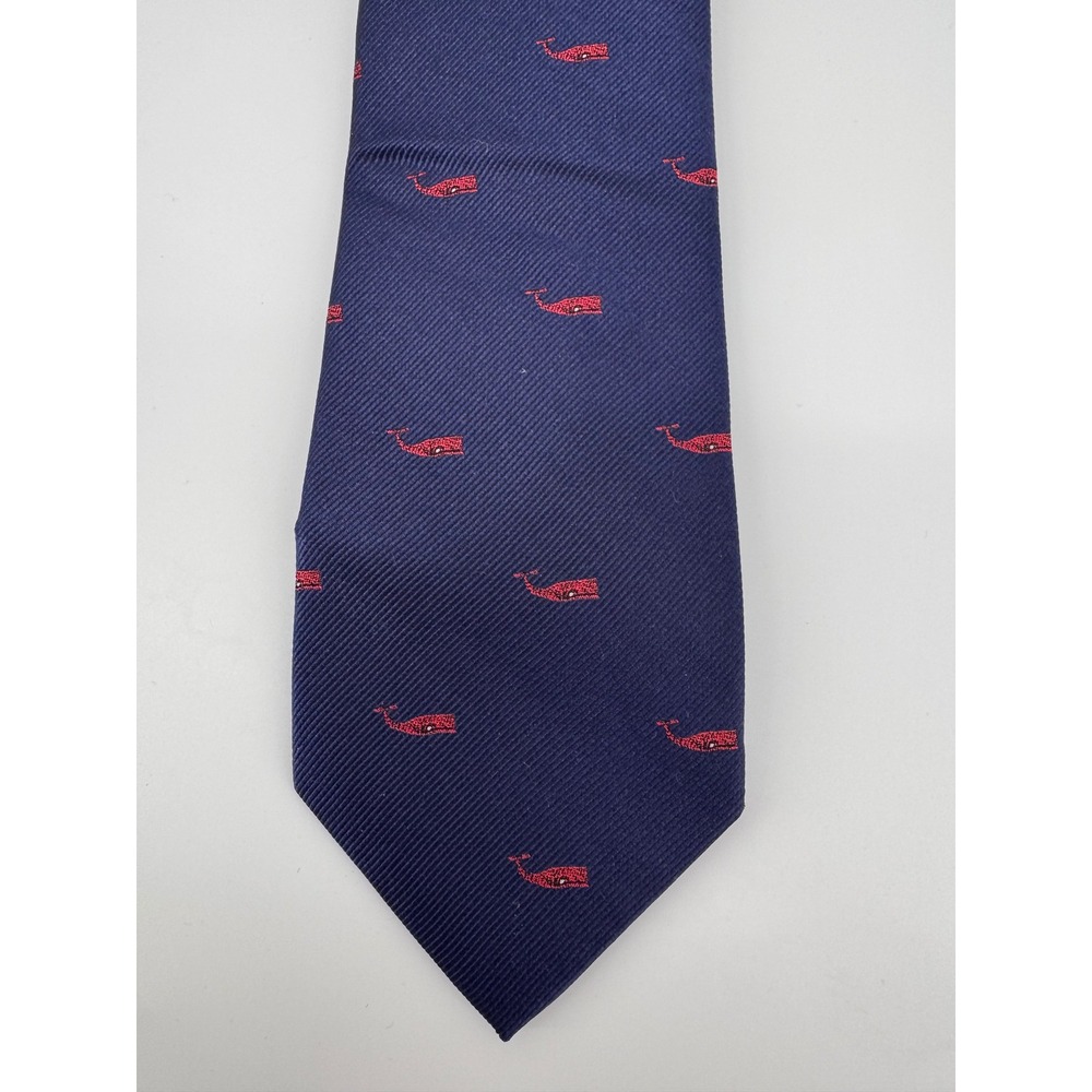 Lands End Mens Navy Blue Red Whale Nautical 100% Silk Classic Necktie Preppy